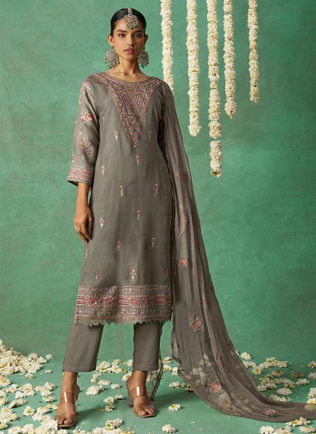 Pure Organza Grey Ceremonial Wear Embroidery Work Straight Suit